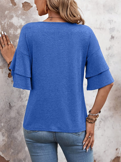 Flare Mouw V-hals T-shirt, Casual Effen Kleur Gelaagde Top Voor Lente & Zomer, Dameskleding