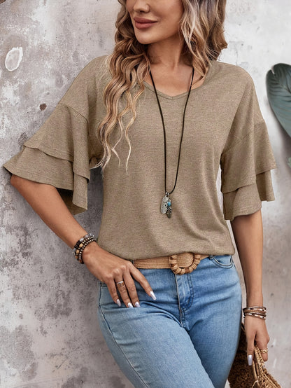 Flare Mouw V-hals T-shirt, Casual Effen Kleur Gelaagde Top Voor Lente & Zomer, Dameskleding