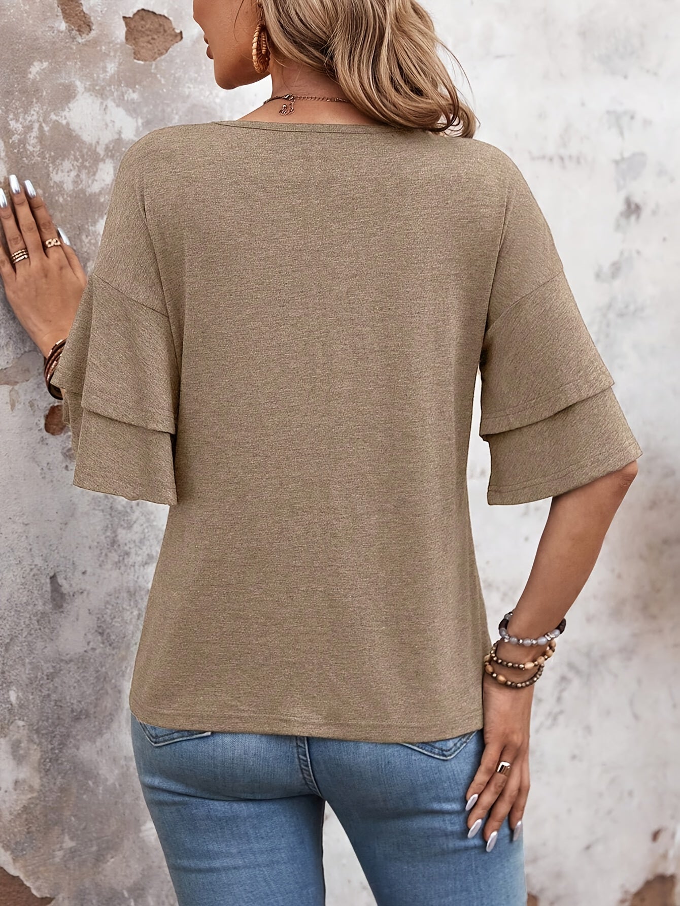 Flare Mouw V-hals T-shirt, Casual Effen Kleur Gelaagde Top Voor Lente & Zomer, Dameskleding