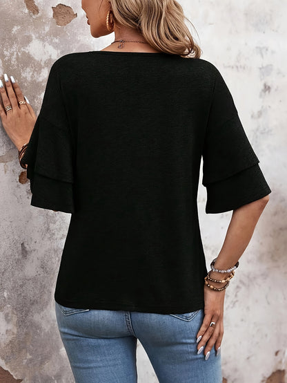 Flare Mouw V-hals T-shirt, Casual Effen Kleur Gelaagde Top Voor Lente & Zomer, Dameskleding